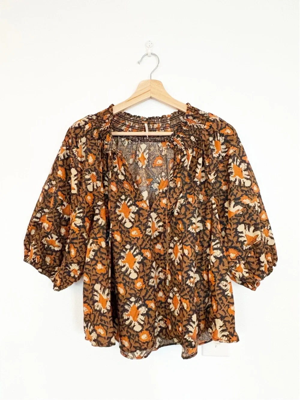 Free People || Willow Printed Top‎ Blouse Puff Sleeve Block Print Boho Brown S